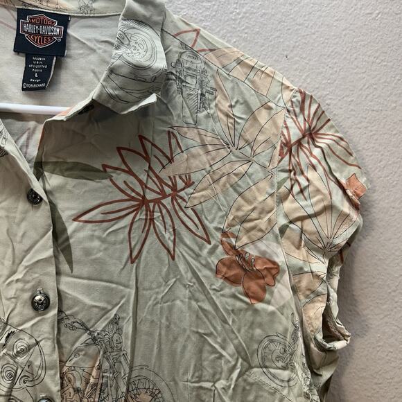 Vintage Harley Davidson Shirt Womens Green Tori Richard Button Up Hawaiian ￼ - Picture 5 of 8